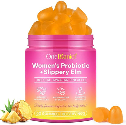 Feminine Probiotics Gummies for Women with Slippery Elm, Vaginal Probiotics for Women Gummies, Feminine Balance pH Gummies for Healthy Odor, Improve Immune,Support Vaginal Health -60 Pineapple Gummies