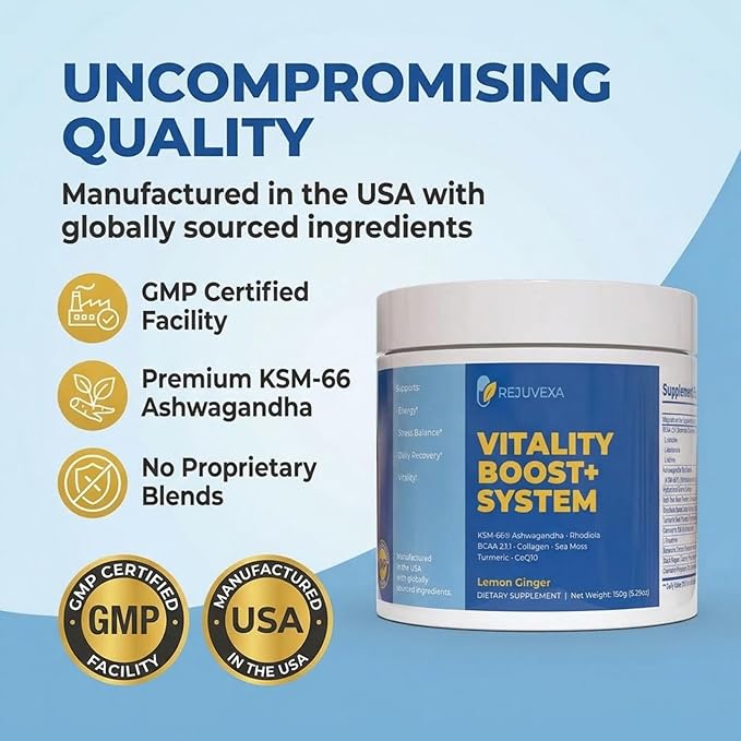 Vitality Boost+ System – Daily Energy & Stress Support Powder – 500mg KSM-66® Ashwagandha, BCAA 2:1:1, Magnesium, CoQ10 & Collagen – 30 Servings – Lemon Ginger – Made in USA