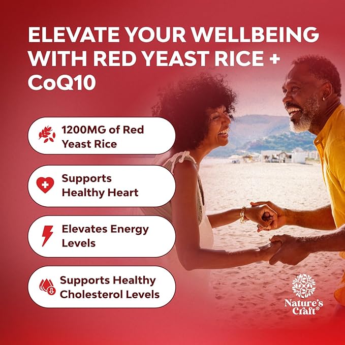 Red Yeast Rice with CoQ10 Supplement - Advanced Healthy Heart & Healthy Cholesterol Levels Formula for Men & Women - Red Yeast Rice Capsules with 1200mg per Serving and CoQ10-60 Count