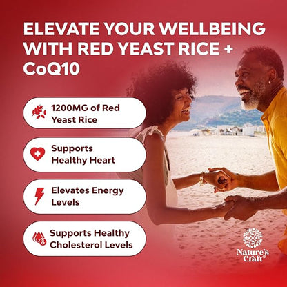 Red Yeast Rice with CoQ10 Supplement - Advanced Healthy Heart & Healthy Cholesterol Levels Formula for Men & Women - Red Yeast Rice Capsules with 1200mg per Serving and CoQ10-60 Count