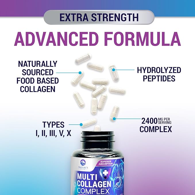 Multi Collagen Peptides Supplement for Hair, Nail, Skin - Type I, II, III, V, X, Collagen Powder Pills - Grass-Fed, Hydrolyzed for Bone and Joint Support for Women & Men, Non-GMO - 120 Capsules