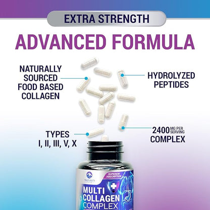 Multi Collagen Peptides Supplement for Hair, Nail, Skin - Type I, II, III, V, X, Collagen Powder Pills - Grass-Fed, Hydrolyzed for Bone and Joint Support for Women & Men, Non-GMO - 120 Capsules