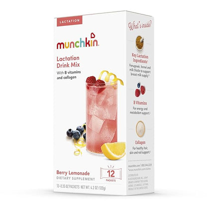Munchkin Milkmakers Lactation Drink Mix Supplement with B Vitamins/Collagen/Fenugreek & Milk Thistle for Breastfeeding Moms, Berry Lemonade, 12 Count