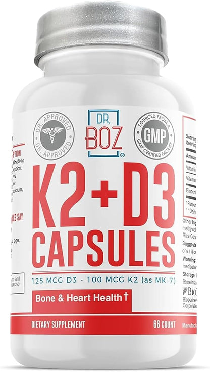 Dr. Boz - K2+D3 Capsules, 66 Servings - Vitamin D3 K2 Supplement with BioPerine - Bone & Heart Health - Enhanced Absorption - Quality Tested - Made in the USA - 5000iu (D3) - 4000iu (K2) - Self Care