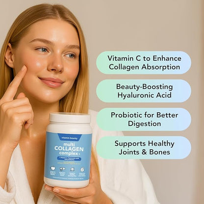 Vitamin Bounty Multi Collagen Peptides Powder for Men & Women (Complex Plus) - 5 Types Hydrolyzed Collagen Protein - Probiotics, Vitamin C & Hyaluronic Acid - Grass Fed Bovine Supplements, 28 Servings