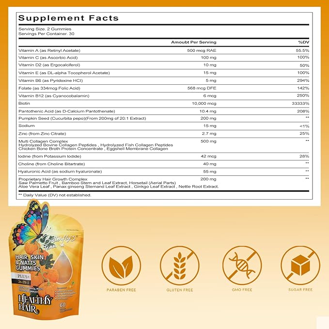 BUTTERFLY'S TEAR Hair, Skin & Nails Gummies | 26-in-1 Biotin 10,000mcg & Collagen Complex | Pineapple Flavor, 180 Count