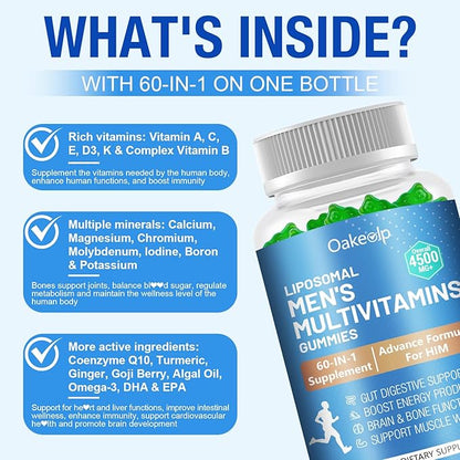 60-IN-1 Liposomal 120+ Nutrients Men's Multivitamin Gummy 4500MG+ Overall,300Billion Probiotics, Algal DHA, CoQ10, Turmeric & Herbal Blends,for Immune, Energy, Prostate, Heart, and Digestive Wellness