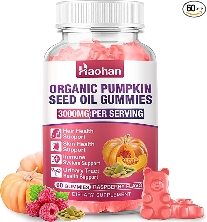 Haohan Pumpkin Seed Oil Gummies with Saw Palmetto for Hair Growth in Women & Men - Organic Hair Skin & Nails Supplement with High-Purity Extract - Sugar-Free, Non-GMO, Raspberry Flavor, 60 Count