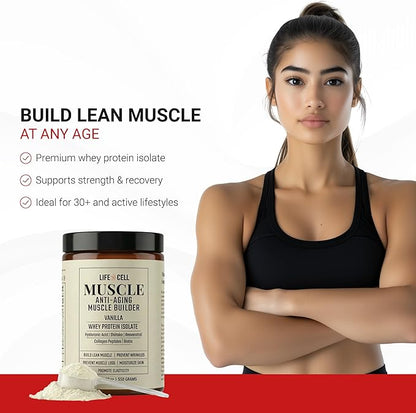 LifeCell Whey Protein – Anti-Aging Muscle Builder with Shiitake Mushroom, Collagen & Hyaluronic Acid – Vanilla, No Sugar Added, Soy-Free, Gluten-Free, 550g