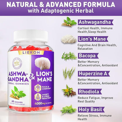 Ashwagandha Gummies - Organic Ashwagandha & Lions Mane Gummies for Adults with 4 Adaptogenic Herb for Stress, Cognitive & Immune Support| Cortisol Supplements for Women & Men, Berry Flavor - 60 Counts