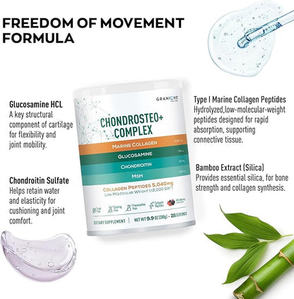 Granions Glucosamine Chondroitin MSM Powder 1,550mg – Joint Supplements for Men and Women - Chondrosteo, Hydrolyzed Marine Collagen Peptides, Essential Vitamins Glucosamine Complex – Wild Berry 9.9oz