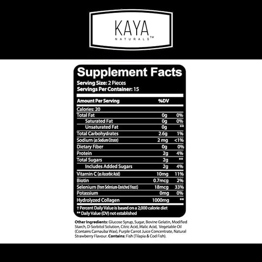 Kaya Naturals Collagen Gummies for Men & Women Supplement | Nature Made Gummies - 1000mg of Hydrolyzed Collagen, Vitamin C, Selenium & Biotin, Strawberry Flavor - 30 Count