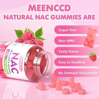 MEENCCD 2 Pack NAC Gummies, N Acetyl Cysteine 600mg NAC Supplement for Antioxidants & Immune Support, Sugar-Free, Raspberry Flavor, 120 Count