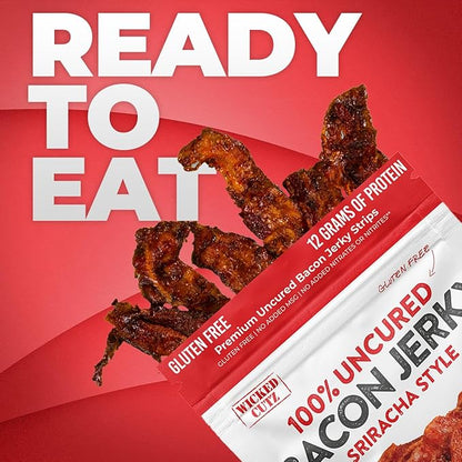 Sriracha Flavored Bacon Jerky, 12g Protein Per Bag, Tender & Easy to Chew Fully Cooked Bacon, USA Made, High Protein Carnivore Snacks (2 Bags)