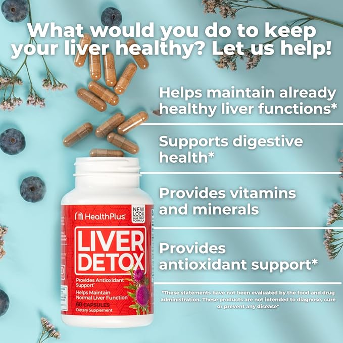 Health Plus, Liver Detox, Natural Herbal Liver Support & Detox Supplement with Milk Thistle, Dandelion and Turmeric Root, 60 capsules