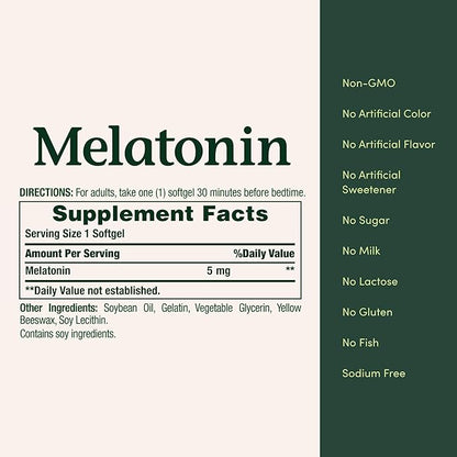 Nature's Bounty Melatonin 5mg, 100% Drug Free Sleep Aid, Dietary Supplement for Relaxation and Sleep Health - 4 Month Supply, 60 Rapid Release Softgels Twin Pack (120ct)