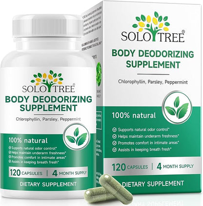 Body Deodorizing Supplement | 120 Vegan Capsules | Reduce Odor in Underarms, Intimate Areas & Oral | Natural Internal Deodorant Chlorophyll Capsules for Women & Men