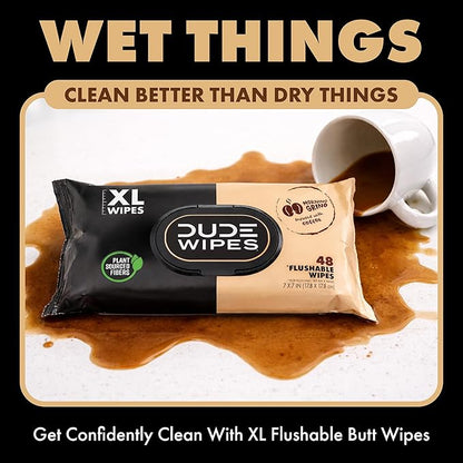 DUDE Wipes Morning Grind Flushable Wipes - Coffee Scented Extra-Large Adult Wet Wipes - 6 Pack (288 Count) - Infused with Coffee Oil, Vitamin E, and Aloe - Septic and Sewer Safe