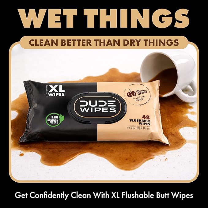DUDE Wipes Morning Grind Flushable Wipes - Coffee Scented Extra-Large Adult Wet Wipes - 3 Pack (144 Count) - Infused with Coffee Oil, Vitamin E, and Aloe - Septic and Sewer Safe