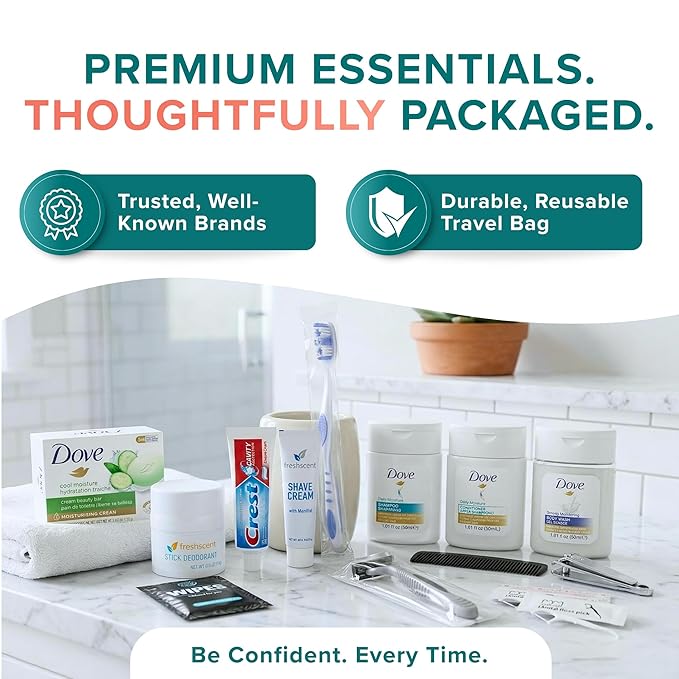 TrekTote 20 Piece Hygiene Kit Bulk, Travel Size Toiletries Set, Care Package Supplies, Mini Deodorant Shampoo Body Wash Toothbrush Toothpaste Razor Kit, TSA Approved, Clear Bag
