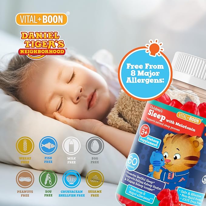 Vital+Boon Daniel Tiger - Kids Melatonin Gummies for Children Ages 3 & Up (60 Count) Sleep Gummies for Kids Supports Natural Sleep Non Habit Forming - Vegan, Non GMO Gluten Free Gummy