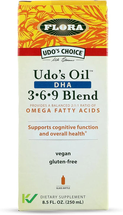 Flora - Udo's Choice Omega 369 Oil Blend with DHA, Udo's Oil Balanced 2:1:1 Ratio of Omega Fatty Acids, Supports Cognitive Function & Overall Health, 8.5-fl.oz. Glass Bottle