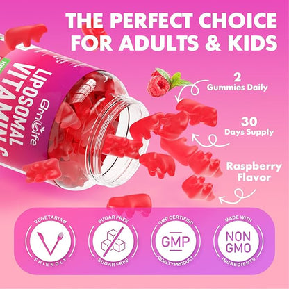 2 Pack Liposomal Vitamin C 1000mg Gummies for Adults Kids, 1500mg Chewable Vitamin C w/Iron, Zinc & Elderberry - Immune Support & Energy, Collagen Booster, Raspberry, 120 Count