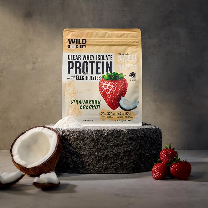 WILD SOCIETY - Clear Protein Powder + Electrolytes - 20g Clear Whey Protein Isolate Drink - Zero Sugar - 0g Lactose - Natural Flavors & Colors - Muscle Post Workout Recovery - Strawberry Coconut, 16oz