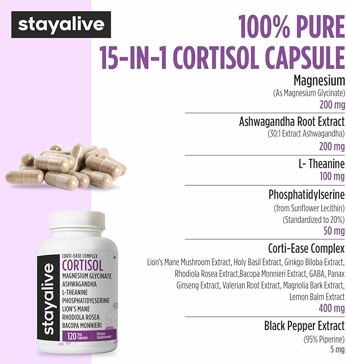 STAY ALIVE Cortisol Manager Supplement 15-in-1 Complex w/L-Theanine, Ashwagandha, Magnesium Glycinate, Phosphatidylserine and More, 120 Veg Capsules, Non-GMO & Gluten-Free Formula for Women and Men