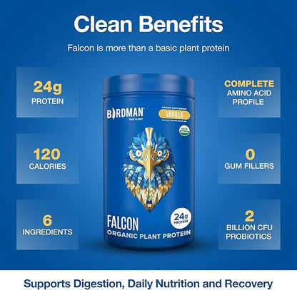 BIRDMAN Falcon Organic Vegan Protein Powder Vanilla, 24g Protein, Sugar Free, Probiotics, Low Carb, Keto Friendly, Dairy Free, Lactose Free, Non Whey, Plant Based Pea Protein Powder - 18 Servings