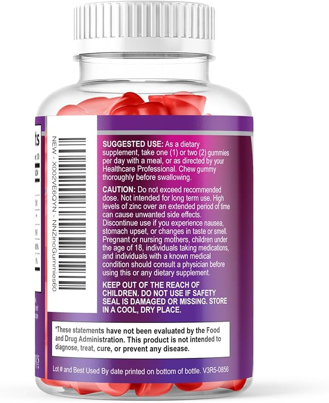 Zinc Gummies - 50mg Zinc Per Serving Immune Skin & Bone Support Health Gummy - Premium Antioxidant Chewable, High Absorption Vegan, Best Supplements Vitamin for Adults, Tasty Berry Flavor, 60 Gummies