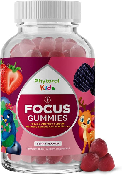 Phytoral Vegan Kids Focus Gummies - Potent Chewable Brain Support for Children - Enhances Concentration & Memory - Calming Supplements & Focus Gummies for Kids - Non-GMO & Gluten-Free - 120 Count