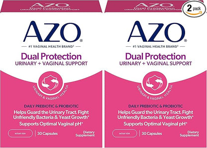 AZO Dual Protection | Urinary + Vaginal Support* | Prebiotic Plus Clinically Proven Women's Probiotic | Starts Working Within 24 Hours | Non-GMO | 30 Count (Pack of 2)