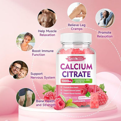 2 Pack Calcium Citrate Gummies 1000mg w/Vitamin D3, High Absorption Calcium Gummies for Women & Men, Plus Magnesium, Potassium, Zinc for Muscle & Immune Support, Raspberry Flavor, 120 Count