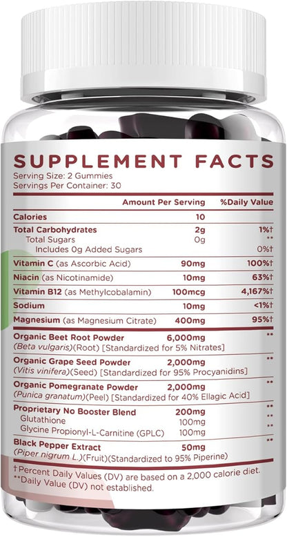 Beet Root Gummies 6000mg – Nitric Oxide Booster with Grape Seed, Pomegranate, Vitamins C & B12 – Nitric Oxide Supplements for Men – Mixed Berry Flavor – 60 Gummies