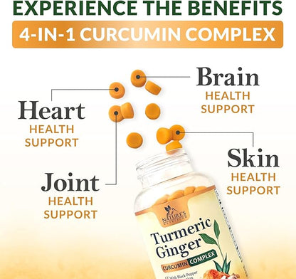 Turmeric Curcumin Supplement Gummies - 95% Curcuminoids with Turmeric & Ginger, Black Pepper for Best Absorption, Nature's Vegan Joint Support, Non-GMO, Gluten Free, Tasty Peach Flavor - 60 Gummies