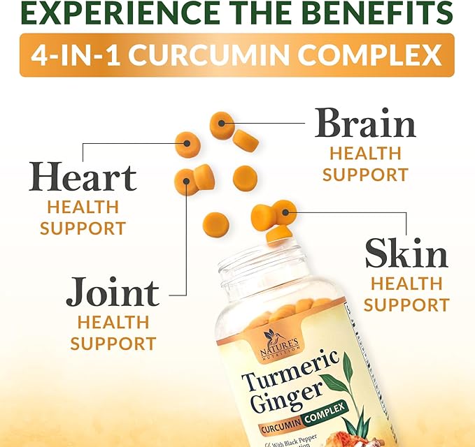 Turmeric Curcumin Supplement Gummies - 95% Curcuminoids with Turmeric & Ginger, Black Pepper for Best Absorption, Nature's Vegan Joint Support, Non-GMO, Gluten Free, Tasty Peach Flavor - 120 Gummies