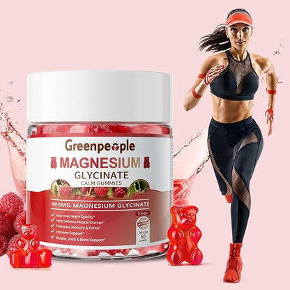 GREENPEOPLE Magnesium Glycinate Gummies 400mg - Sugar Free Magnesium Supplement with Magnesio Citrate, Vitamin D, and B6 for Calm Support & Sleep for Adults - High Absorption - Raspberry Gummies