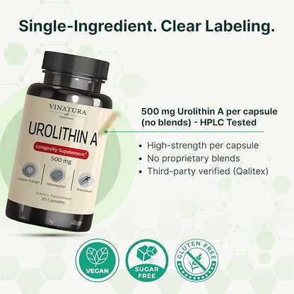 VINATURA Urolithin A Supplement 500mg - Urolithin A+ for Powerful Antioxidants, Anti Aging and Mitochondrial Support, 30 Capsules