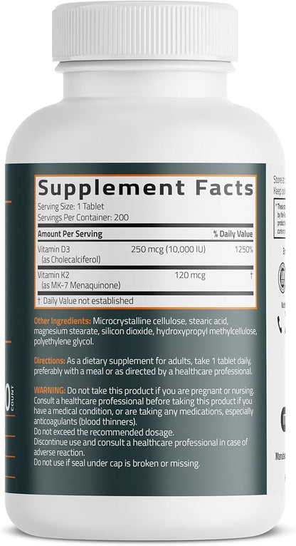 Bronson Vitamin K2 (MK7) with D3 Supplement Extra Strength 2 in 1 Support, 10,000 IU Vitamin D3 & 120 mcg K2 MK-7, 200 Tablets