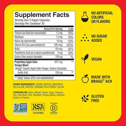 Bragg Energy Apple Cider Vinegar Capsules with B-12 Vitamins - 90 Capsules - Weight Management - Non-GMO, Vegan, Gluten Free, No Sugar - Helps Generate Energy at Cellular Level for Men and Women