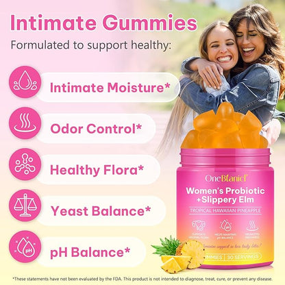Feminine Probiotics Gummies 2PCS, Vaginal Probiotics for Women Gummies with Slippery Elm,Feminine Balance pH for Healthy Odor,Improve Immune,Support Vaginal Health,Natural Pineapple Flavor,60 Count