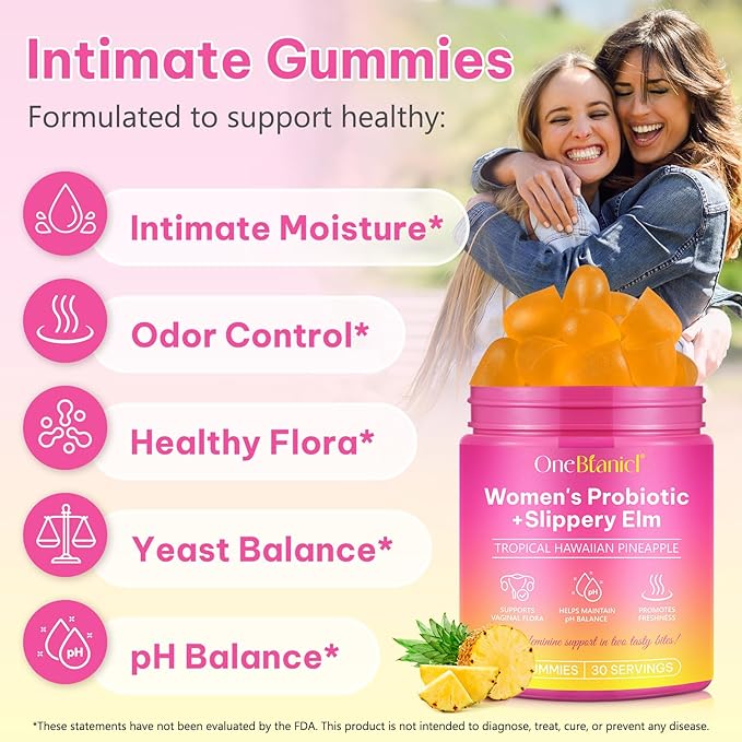 Feminine Probiotics Gummies for Women with Slippery Elm, Vaginal Probiotics for Women Gummies, Feminine Balance pH Gummies for Healthy Odor, Improve Immune,Support Vaginal Health -60 Pineapple Gummies