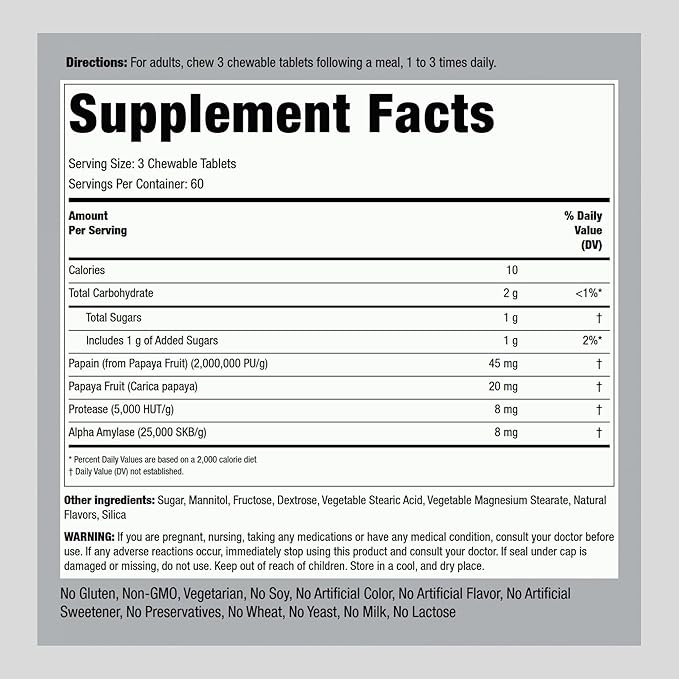 Piping Rock Papaya Digestive Enzymes Chewables | 180 Tablets | Supplement for Women and Men | Tropical Flavor | Vegetarian, Non-GMO, Gluten Free Formula
