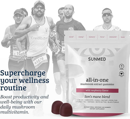 SUNMED All-in-One Mushroom Gummy Supplements for Focus, Energy, Mood & Immune Support – 10 Functional Mushrooms (Lion’s Mane, Reishi, Cordyceps, Chaga) | Wild Raspberry Flavor, 60ct