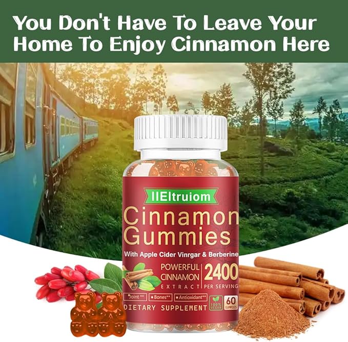 Cinnamon Supplements, Premium Ceylon Cinnamon Gummies 2400mg with Berberine, Turmeric, Apple Cider Vinegar, Bitter Melon, Chromium - Vegan, Non-GMO丨60 Counts