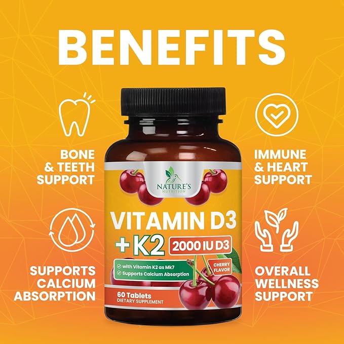 Vitamin D 2000 IU 50mcg Per Tablet - Vitamins D3 & K2 (MK7) Complex Supplement for Bone, Teeth, Muscle, Calcium Absorption, Supports Immune & Heart Health, Chewable Formula USA Bottled - 60 Tablets