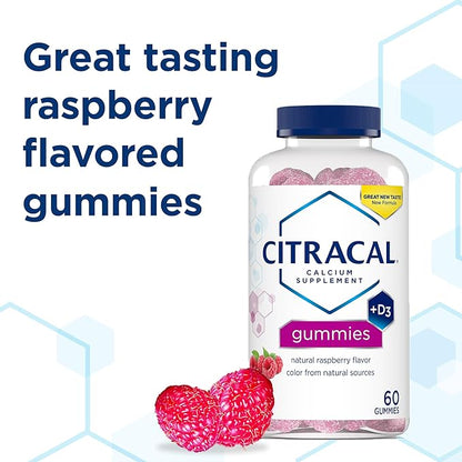 CITRACAL Calcium Gummies, Calcium Supplement with Vitamin D3, Support Bone Health, for Ages 12+, Natural Raspberry Flavor, 60 Count (Pack of 2)