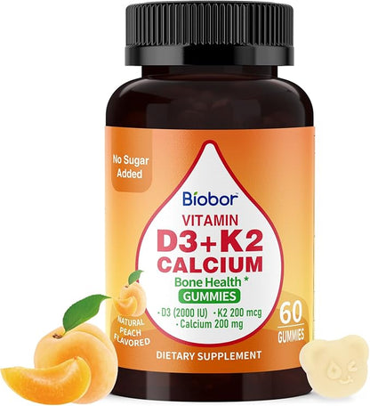 Sugar Free Vitamin D3 K2 Gummies with Calcium, 2000 IU D3 & 200 mcg K2(MK-7) & 200 mg Calcium, Supports Healthy Bones & Immune Health, Gluten Free, GMO Free, Yellow Peach, 60 Count