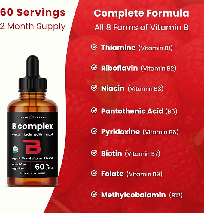 USDA Organic Vitamin B Complex Liquid Drops Sublingual B12 Methycobalamin | B1, B2, B3, B5, B6, B7, B9 | Methylated B Vitamins Complex for Women & Men | Biotin, Niacinamide, Folate & Folic Acid, 2oz